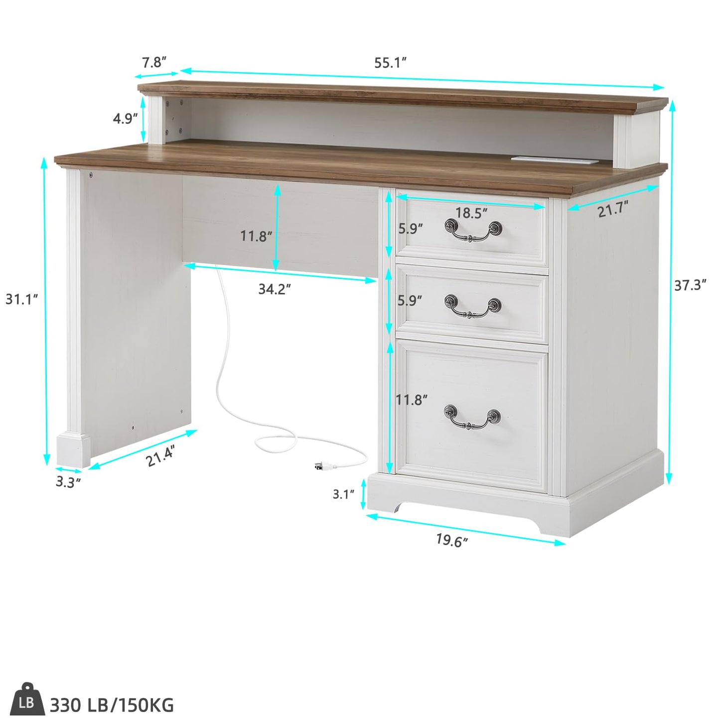 Vagaconl 55in Farmhouse Desk with Outlets, Mid Century Modern Desk with Charging Station File Cabinet, Storage Cabinet, Vintage Computer Writing Desk,Home Office,White and Brown - WoodArtSupply