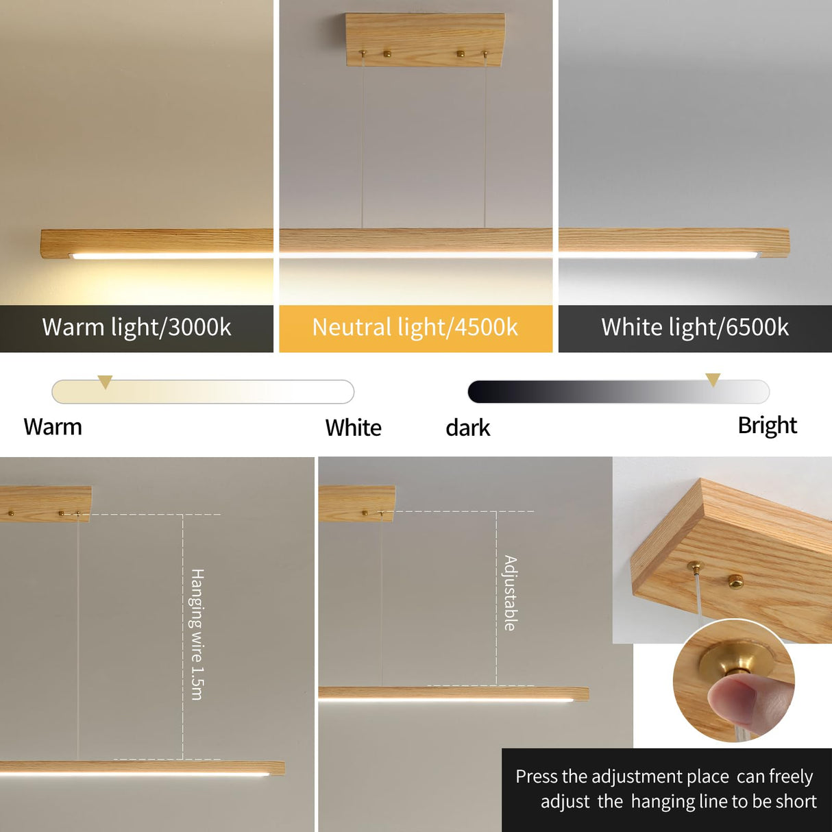 Wooden Linear Pendant Light, 47" Modern Chandeliers for Dining Room, Dimmable Pool Table Island Lights for Kitchen, LED Ceiling Pendant Lamp for Dining Room Billiard Room, Natural Ash Matven