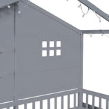 SOFTSEA Twin Size Low House Loft Bed with Shelves and Sparkling Light Stripe SOFTSEA