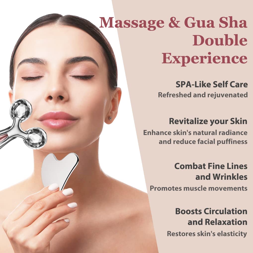 leiwo Stainless Steel Gua Sha and Face Roller Set, Facial Tool for Face Sculpting, Metal Skin Care, Massager for Women leiwo