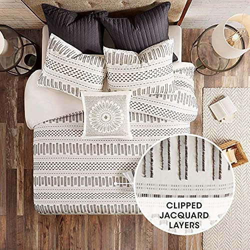 INK+IVY Rhea 100% Cotton Duvet Set Mid Century Modern Boho Design, All Season Comforter Cover Bedding Set, Matching Shams, King/Cal King, Geometric Clipped Jacquard Ivory 3 Piece INK+IVY