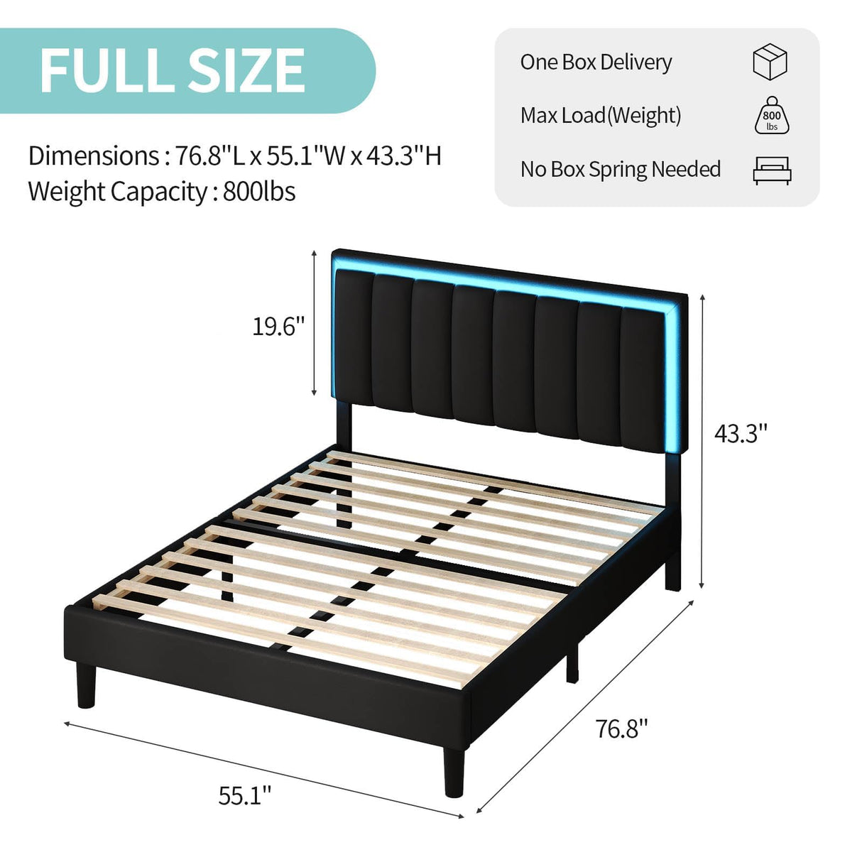 IMMERSTABLE Full Size Bed Frame, Upholstered Bed Frame with LED Lights, Platform Bed with Headboard, Heavy Duty Wood and Metal Slats Support, Noise-Free, No Box Spring Needed, Easy Assembly IMMERSTABLE