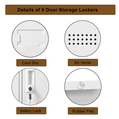 iCHENGGD Metal Locker 9 Door Storage Cabinet, Steel Storage Lockers for Employees, with Lock and Ventilation, Office School Gym Storage Organizer (White) - WoodArtSupply