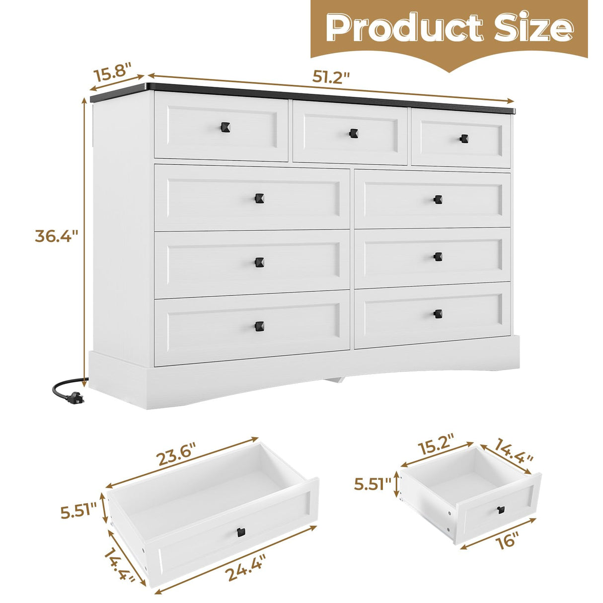 Hasuit Bedroom Dresser with 9 Drawers, 51.2‘’ Long Dresser TV Stand with Charging Station, Farmhouse Dresser Chest of Drawers, Large Wood Storage Organizer Dresser for Bedroom Living Room, White/Black Hasuit