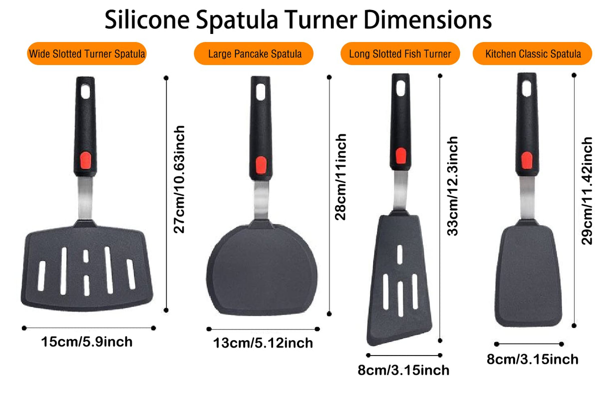 Silicone Spatula Turner, 4-Pack Spatulas 600°F Heat Resistant Set for Nonstick Cookware, Kitchen Cooking Utensils BPA Free Rubber Egg, Crepe, Pancake,Burger,Fish Wiztoynia