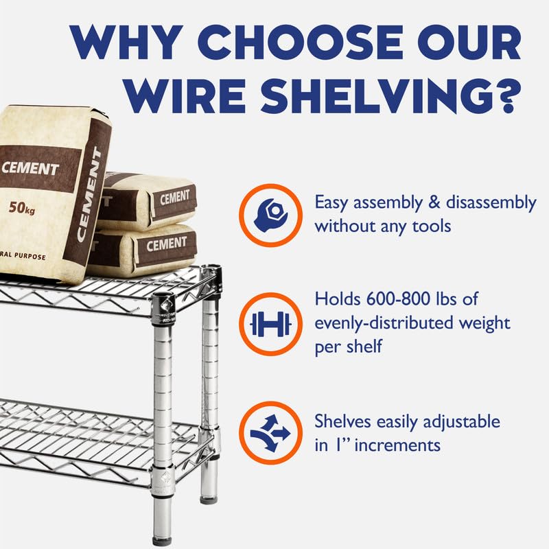 Shelving Inc. 8" d x 18" w x 54" h Chrome Wire Shelving with 4 Tier Shelves, Weight Capacity 800lbs Per Shelf SI