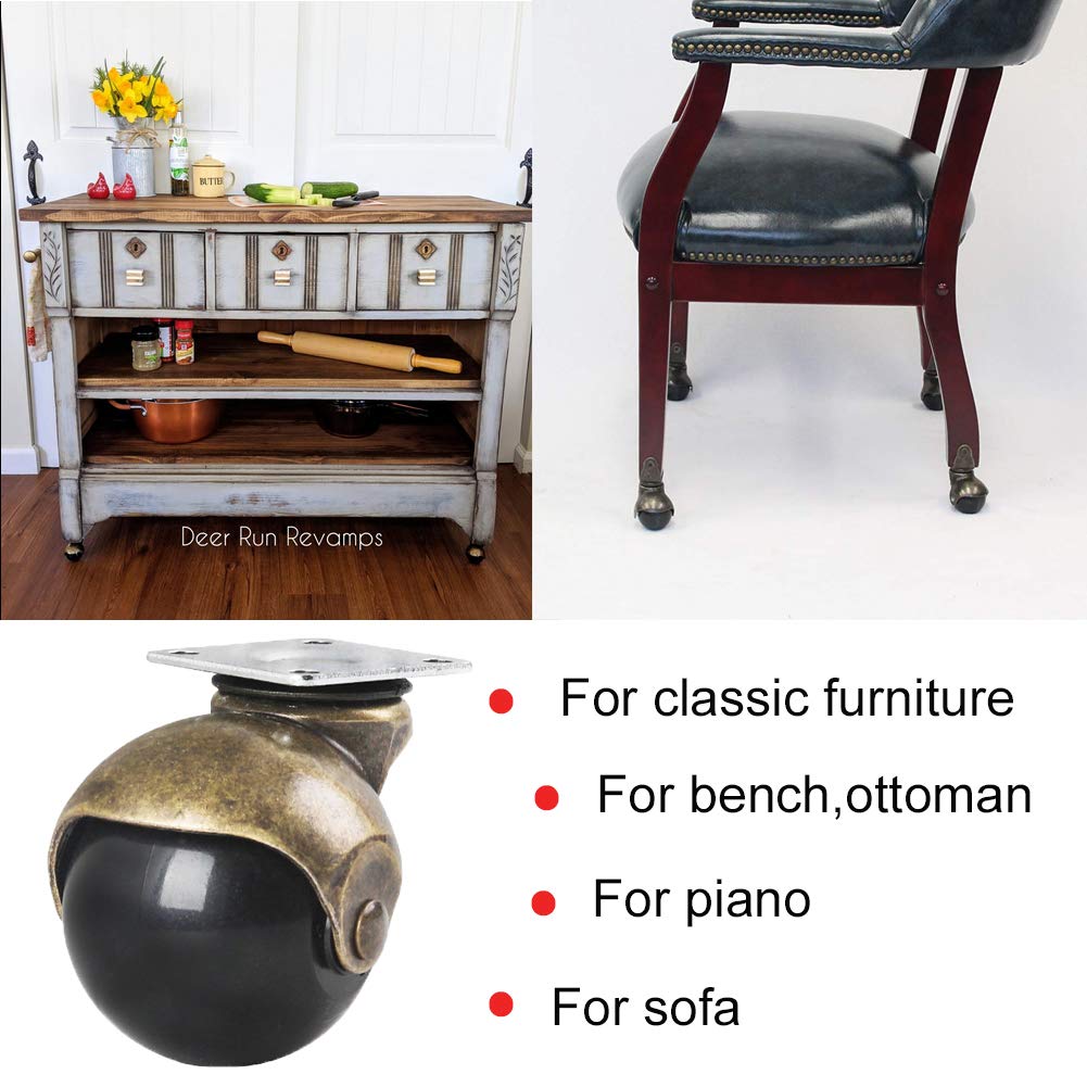 ENYKE 2 Inch Ball Caster Wheels, Vintage Wheels for Furniture, Antiqure Brass Swivel Casters Set of 4 for Coffee Table, Ottoman Heavy Duty 360LBS Capacity (16 Screws Included) ENYKE