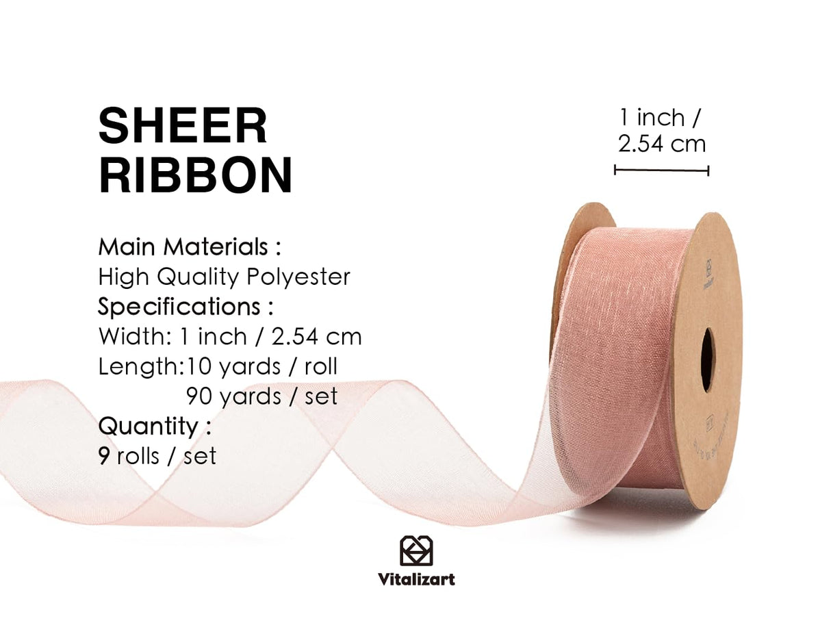 Vitalizart 1" x 90Yd Organza Ribbon Mixed Color Sheer Ribbons Set 10 Yd x 9 Rolls Handmade for Gift Wrapping Christmas Tree Crafts Bows Wedding Invitations Wreaths Wrap Vitalizart
