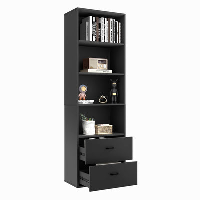 CHEFJOY 4-Tiers Bookcase, 74” Tall Book Shelf Craft Storage Cabinet with 2 Slide Drawers & 4 Open Shelves, Modern Wood Craft Book Shelf for Bedroom, Living Room (Black)