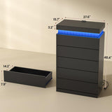 UPOSOJA Tall Black Dresser for Bedroom, Modern 5 Wood Drawers with LED Light and Power Outlet, Floating Dressers for Closet, Large Chest of Drawer for Living Room, Hallway, Entryway UPOSOJA