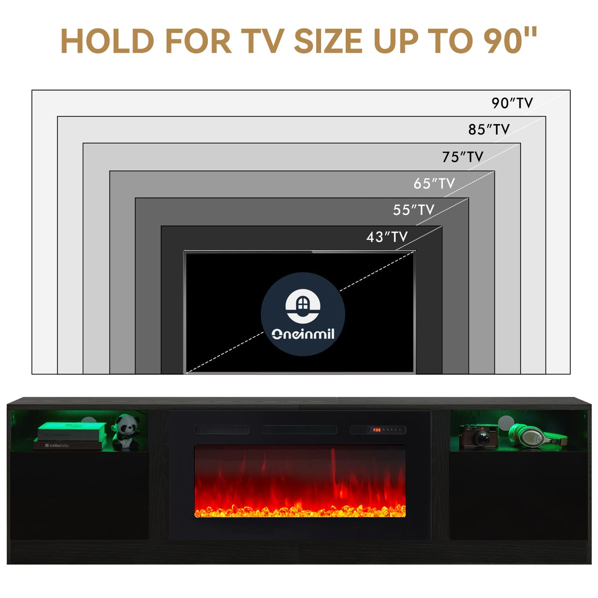 oneinmil Fireplace TV Stand with 36" Electric Fireplace, LED Light Entertainment Center with Modern Wood Texture, Highlight Storage Cabinet for TVs Up to 90", 79 inches, Black oneinmil