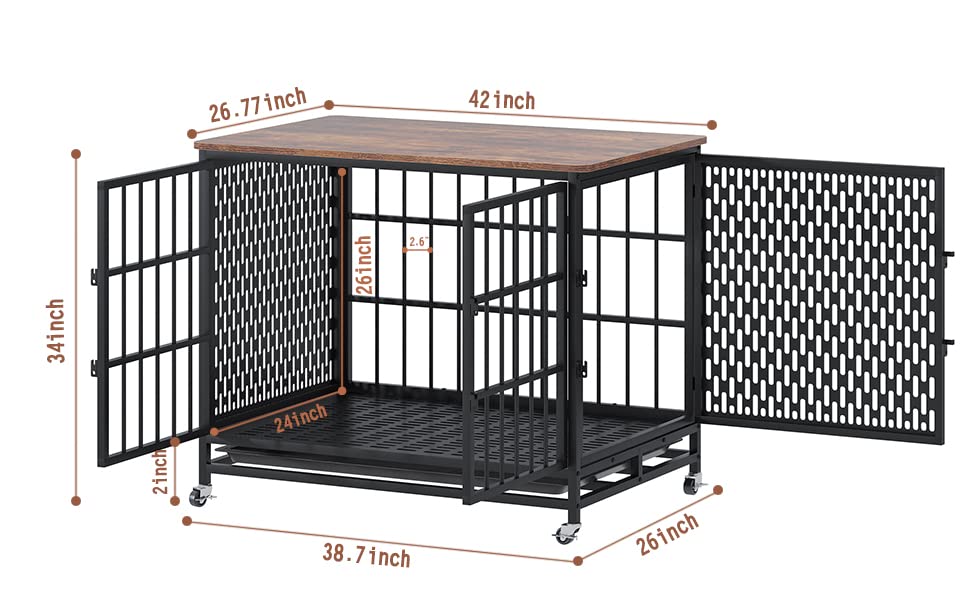 Indestructible Dog Crate, BOINN 42 inch Heavy Duty Extra Large Dog Crate Furniture for Large Medium Dog with Removable Trays, 3 Door, 4 Lockable Wheels & 5 Locks, XL Dog Kennel Furniture Indo - WoodArtSupply