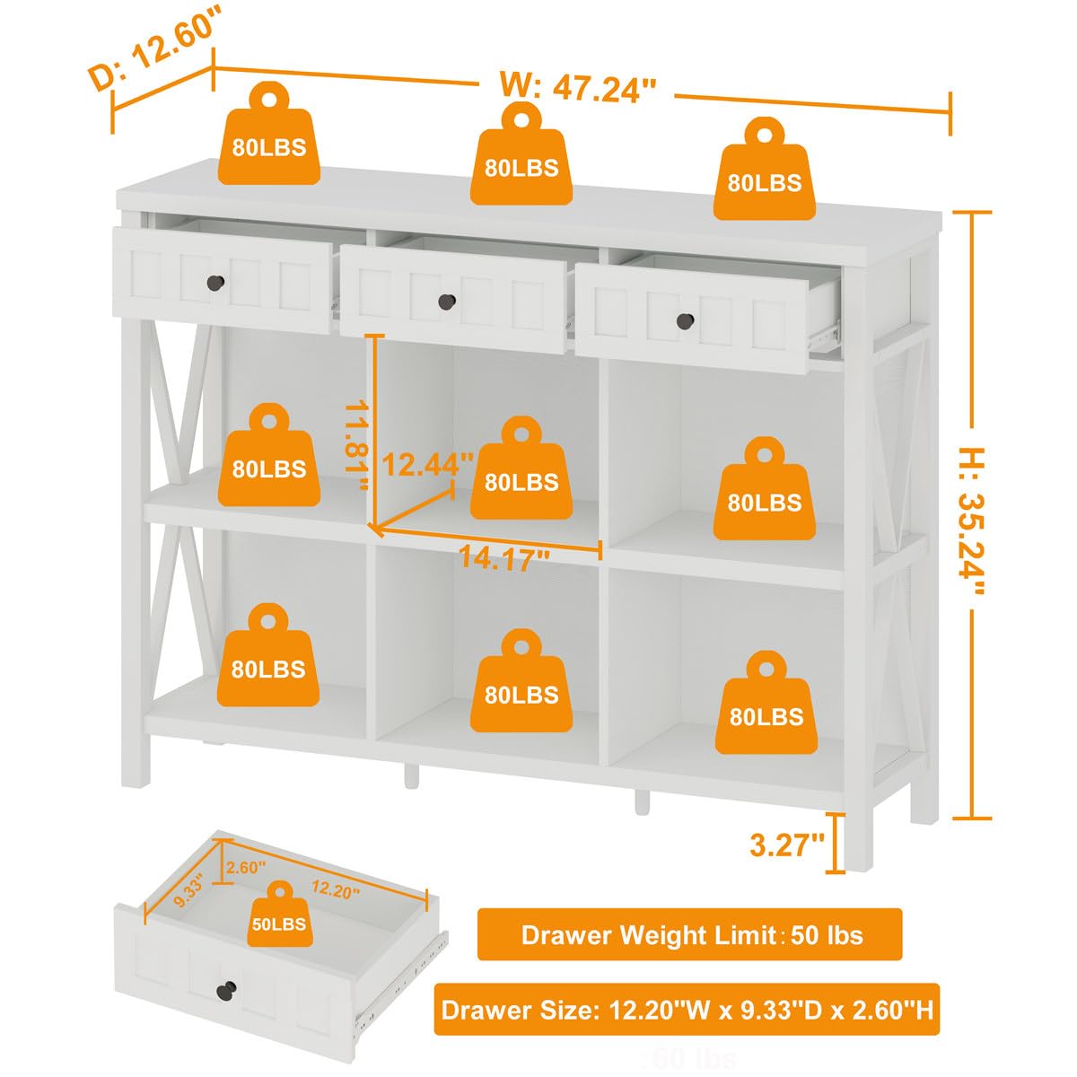FATORRI 6 Cube Storage Bookshelf with 3 Drawers, Long Horizontal Bookcase, Modern Cubby Organizer Shelf (White Oak, 47 Inch) FATORRI
