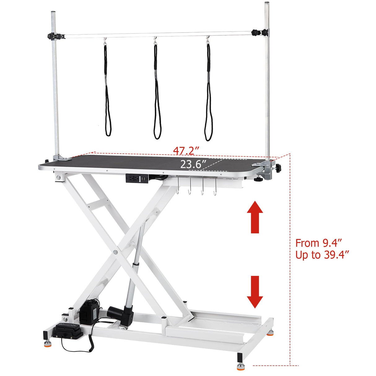 Garvee Electric Dog Grooming Table, Adjustable Height 9.4"-39.4", 264Lb Capacity, Foot Control, Anti-slip Wheels, Tool Organizer, Dog Grooming Station, 47" White Garvee