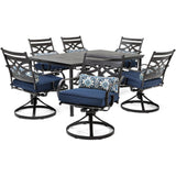 Hanover Montclair 7-Piece Outdoor Dining Set with 6 Swivel Rockers, Navy Blue Cushions and Stamped Steel Rectangular Dining Table, Patio Dining Set for 6, Premium All-Weather Patio Furniture for Deck Hanover