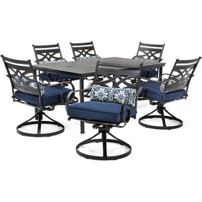 Hanover Montclair 7-Piece Outdoor Dining Set with 6 Swivel Rockers, Navy Blue Cushions and Stamped Steel Rectangular Dining Table, Patio Dining Set for 6, Premium All-Weather Patio Furniture for Deck