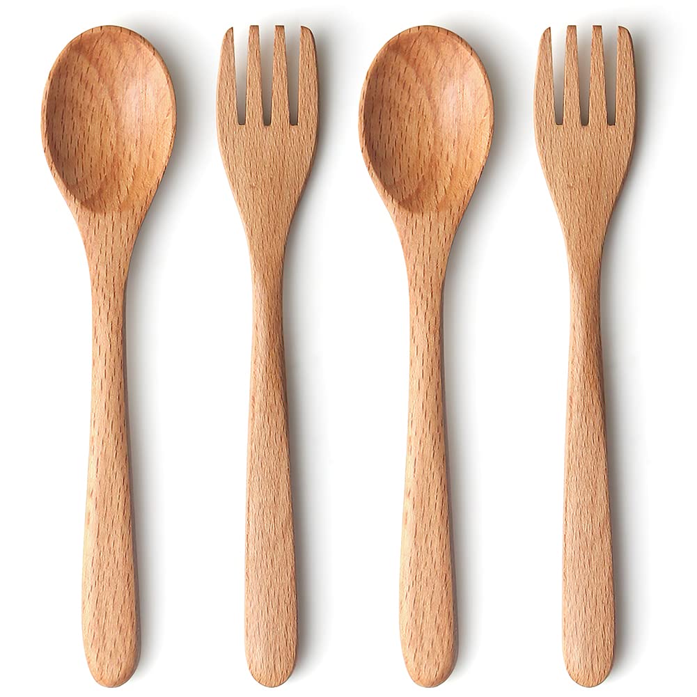 YFWOOD 4-Pieces Natural Wooden Children's Safe Flatware, 2 x Child Forks, 2 x Children Spoons, Kids Utensils Set Hand polishing Anti-slip Portable and ultra light