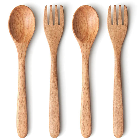 YFWOOD 4-Pieces Natural Wooden Children's Safe Flatware, 2 x Child Forks, 2 x Children Spoons, Kids Utensils Set Hand polishing Anti-slip Portable and ultra light YFWOOD