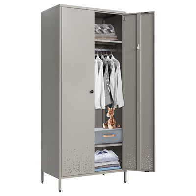 YEEZER Metal Armoire Wardrobe Closet Cabinet for Hanging Clothes with Lock Doors, -74" Steel Lockable Wardrobe Storage Locker Clothes Organizer for Bedroom, Laundry Room (Gray)