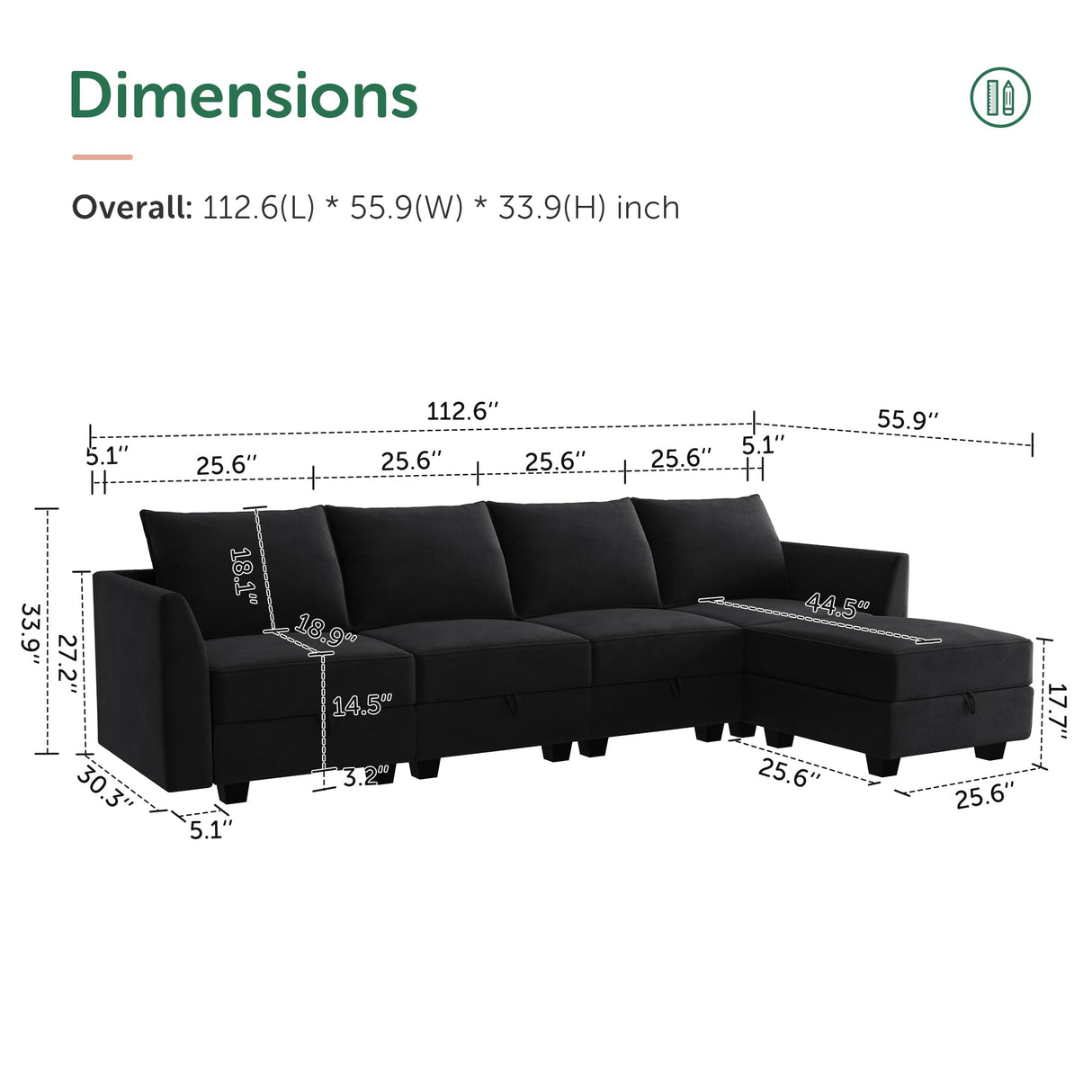 HONBAY Modular Sectional Sofa Velvet L Shaped Couch with Storage Ottoman Convertible Sectional Couch 4-Seat Sofa with Reversible Chaise, Black HONBAY