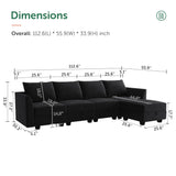 HONBAY Modular Sectional Sofa Velvet L Shaped Couch with Storage Ottoman Convertible Sectional Couch 4-Seat Sofa with Reversible Chaise, Black HONBAY