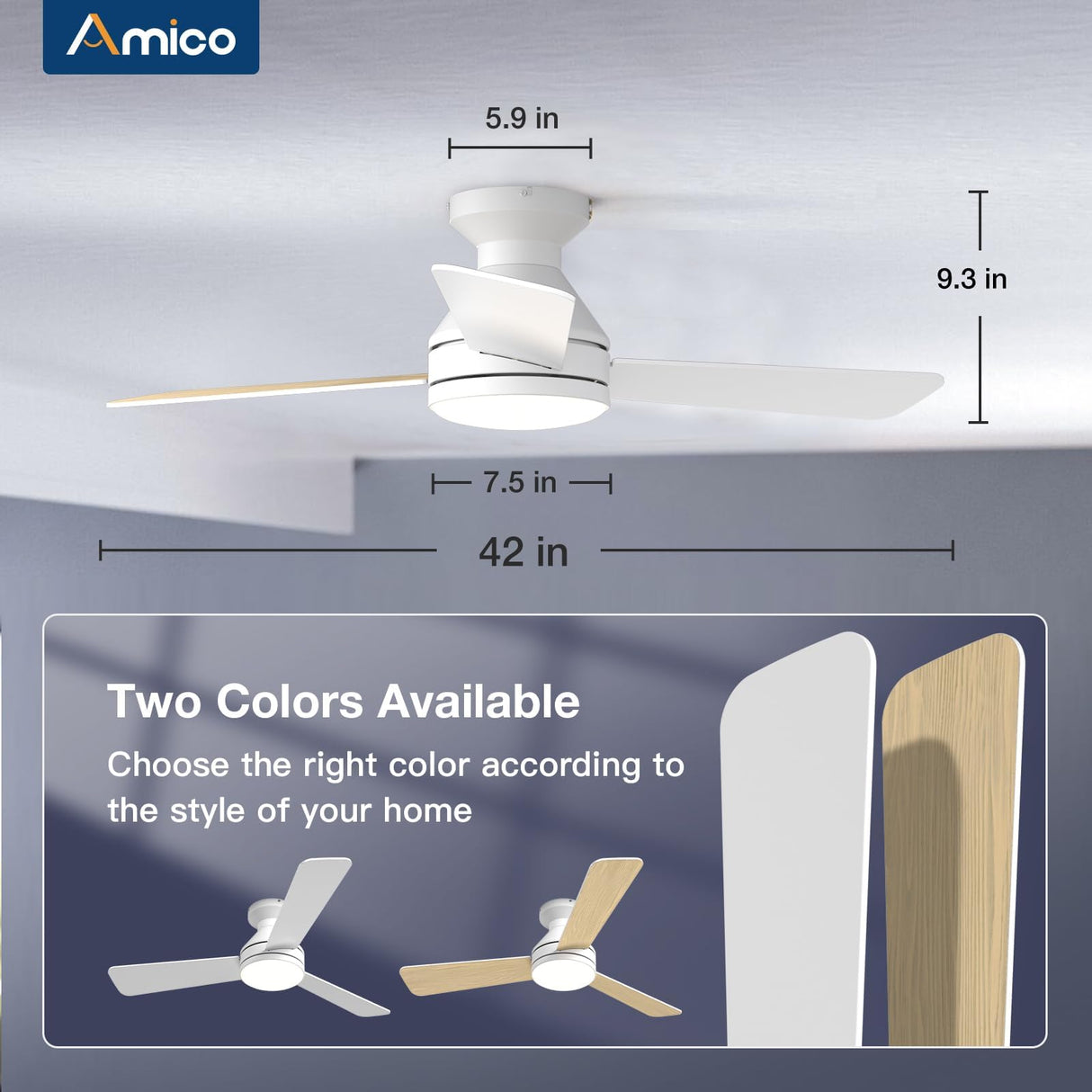 Amico Ceiling Fans with Lights, 42 inch Low Profile Ceiling Fan with Light and Remote Control, Flush Mount, Reversible, 3CCT, Dimmable, Noiseless, White Ceiling Fan for Bedroom, Indoor/Outdoor Use Amico