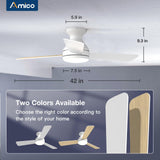 Amico Ceiling Fans with Lights, 42 inch Low Profile Ceiling Fan with Light and Remote Control, Flush Mount, Reversible, 3CCT, Dimmable, Noiseless, White Ceiling Fan for Bedroom, Indoor/Outdoor Use Amico