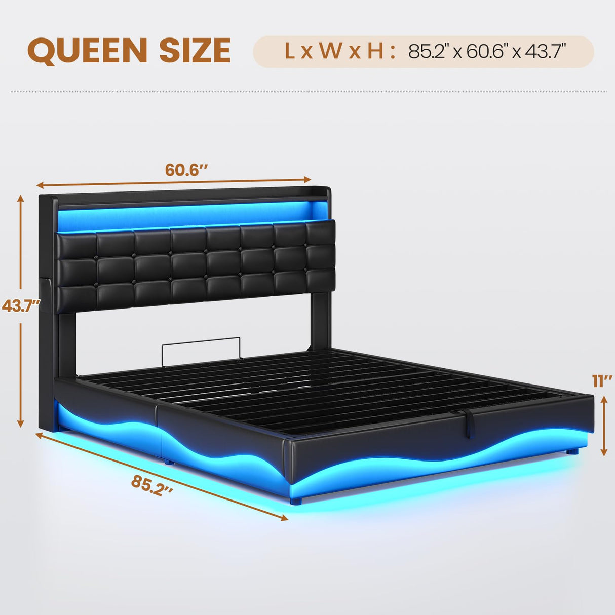 BTHFST Queen Bed Frame with Lift Up Storage, Charging Station & RGB Lights Headboard, PU Leather Upholstered Bed, No Box Spring Needed, Hydraulic Storage, Heavy Duty Wooden Slats, PU Black BTHFST