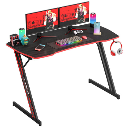 PayLessHere 47 Inch Modern Z-Shaped Gaming Desk Computer Desk for Home Office with Headphone Hook - Sturdy Workstation Table with Spacious Desktop,Red - WoodArtSupply