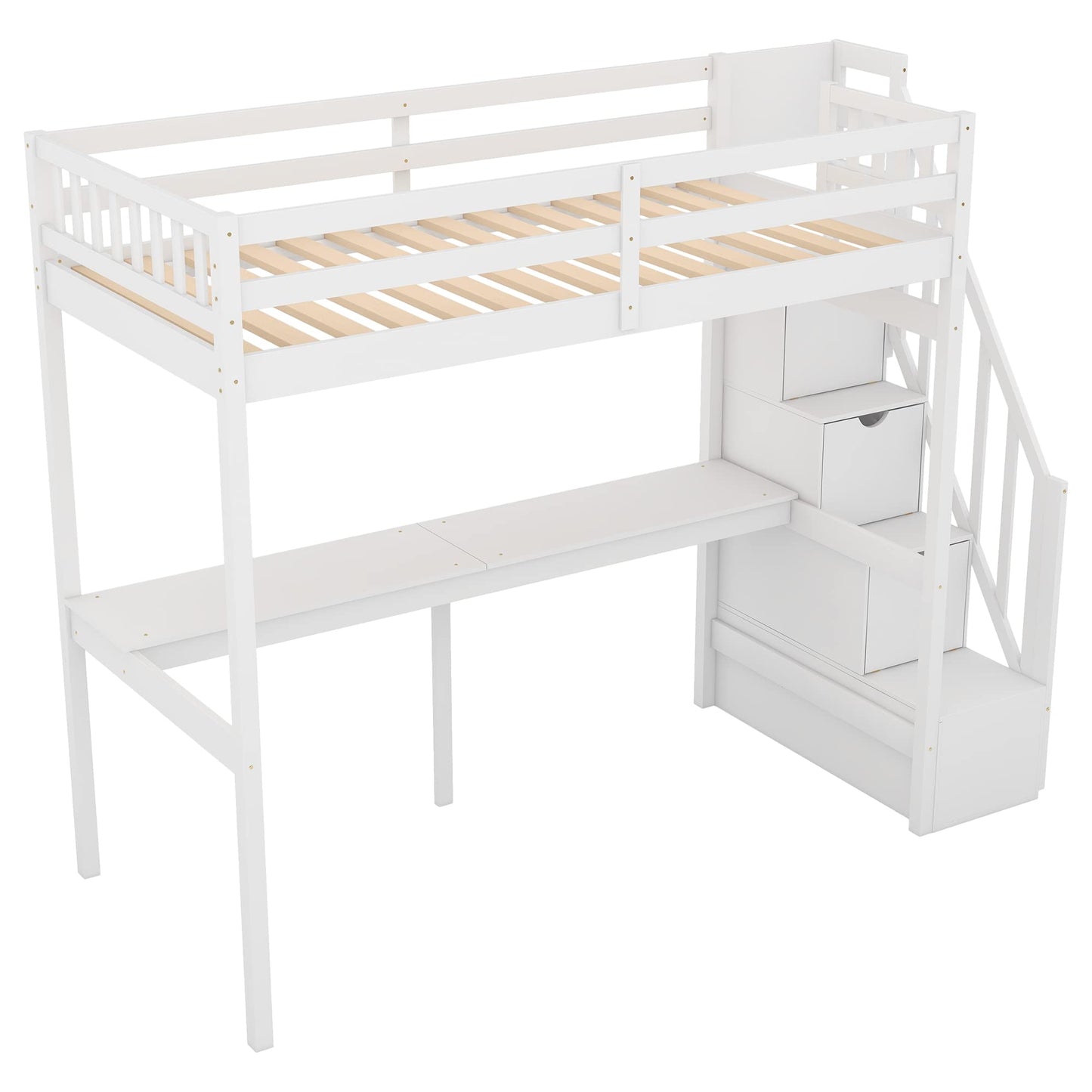 Twin Size Loft Bed with Desk,Solid Wood Loft Bed Frame with Storage Stairs,High Loft Bed Twin Size with Stairs for Kids,Teens, Adults,Space Saving, White