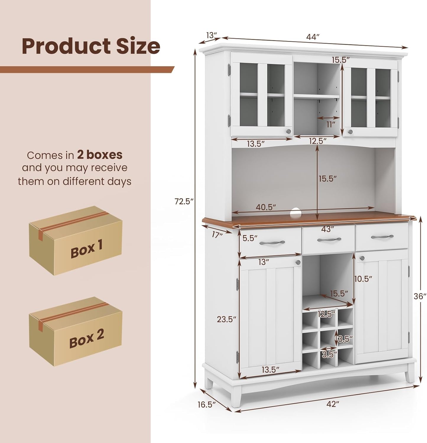 COSTWAY Kitchen Hutch Storage Cabinet, Freestanding Pantry Buffet Sideboard, Modern Buffet Cupboard w/Wine Rack, Adjustable Shelves, Tempered Glass Cabinets, Drawers, Microwave Stand (White)