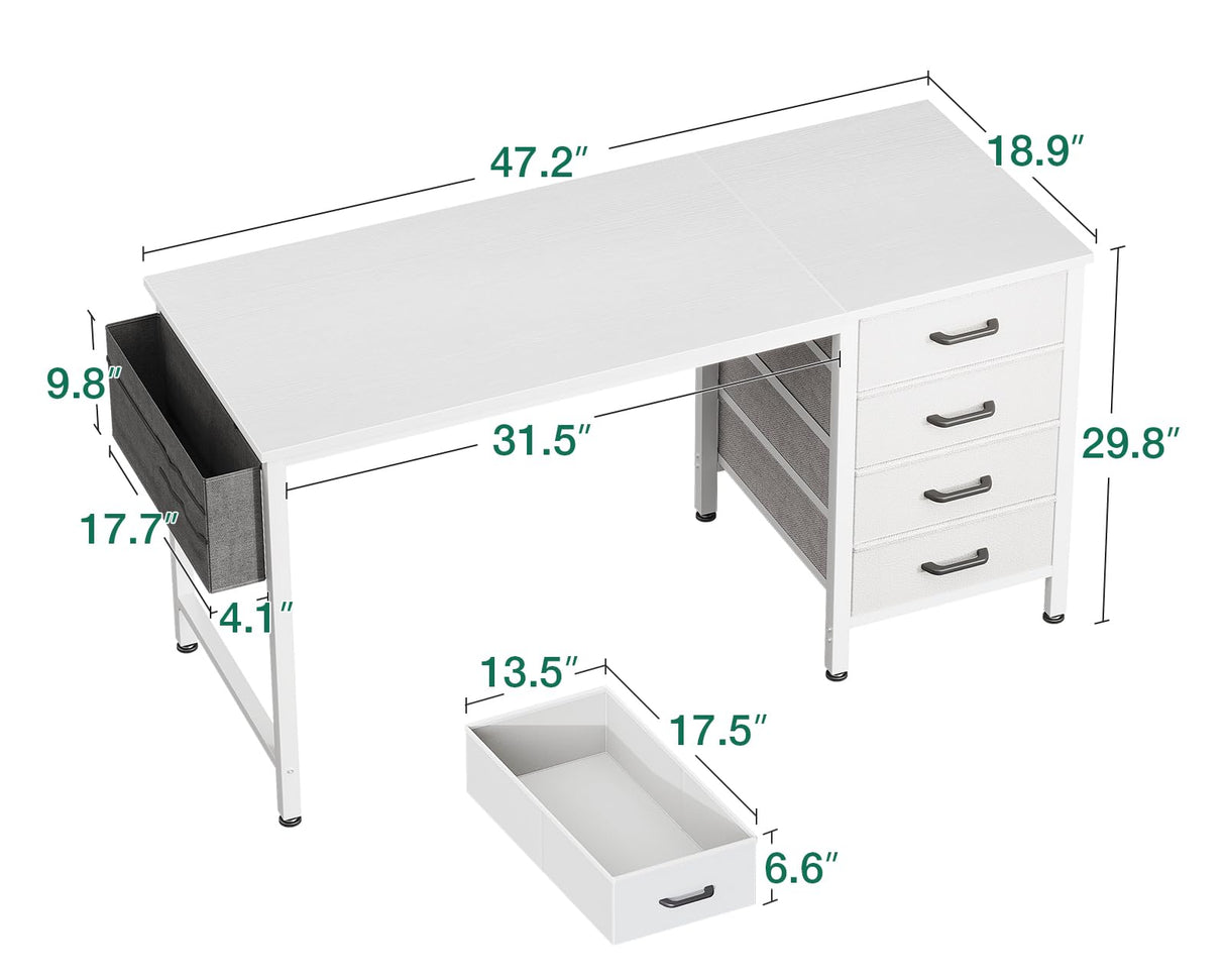 Casaottima 48-Inch Computer Desk with 4 Fabric Drawers — Home Office Desks with Storage, Writing Desk with Side Hook and Cloth Bag, Modern Study/Work Table for Bedroom and Small Space, White Casaottima