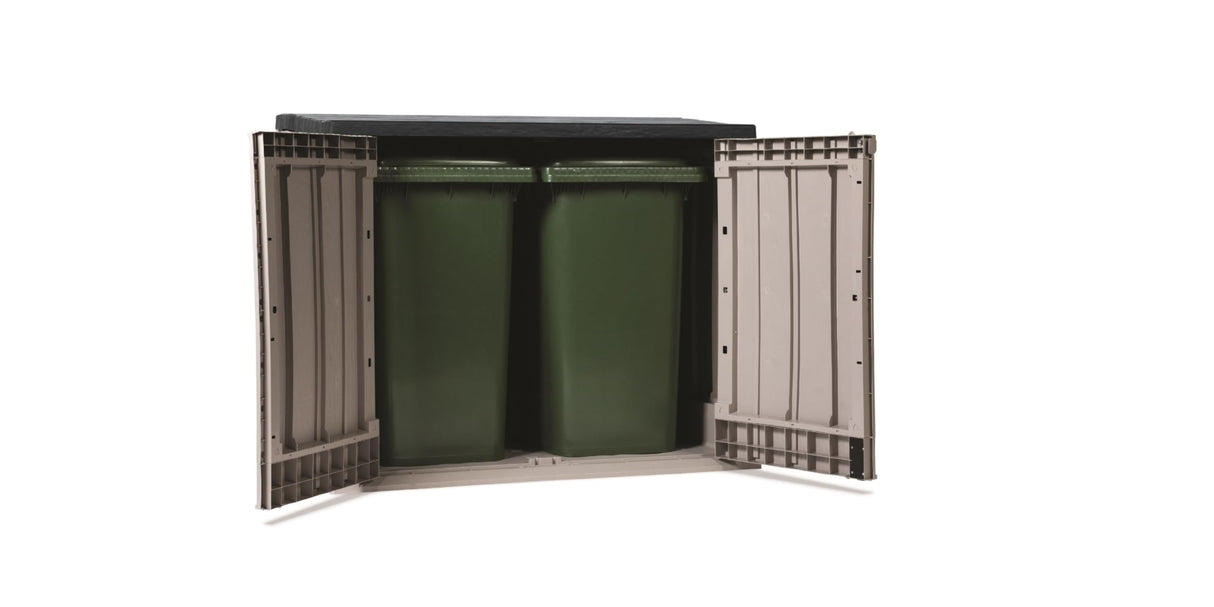 Toomax Stora Way All Weather Outdoor XL Horizontal Storage Shed Cabinet for Trash Can, Garden Tools, and Yard Equipment, Taupe Gray and Anthracite Toomax