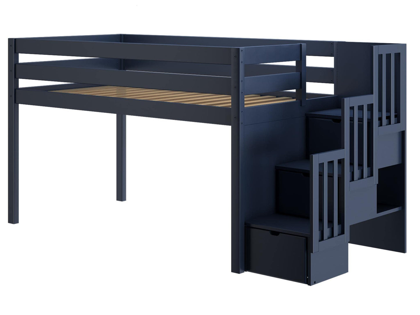 JACKPOT! Contemporary Low Loft Twin Bed with a 3 Drawer Stairway, Blue