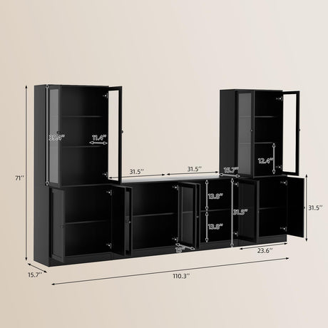 TUSY 4-Piece Large TV Stand with Bookshelves for TVs up to 75", TV Entertainment Center Media Center with Tempered Glass Doors and Shelves, TV Hutch for Living Room (Black) TUSY