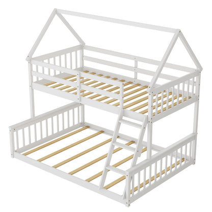 KOMFOTT White Twin Over Full House Bunk Bed with Built-in Ladder and Safety Guardrails - WoodArtSupply