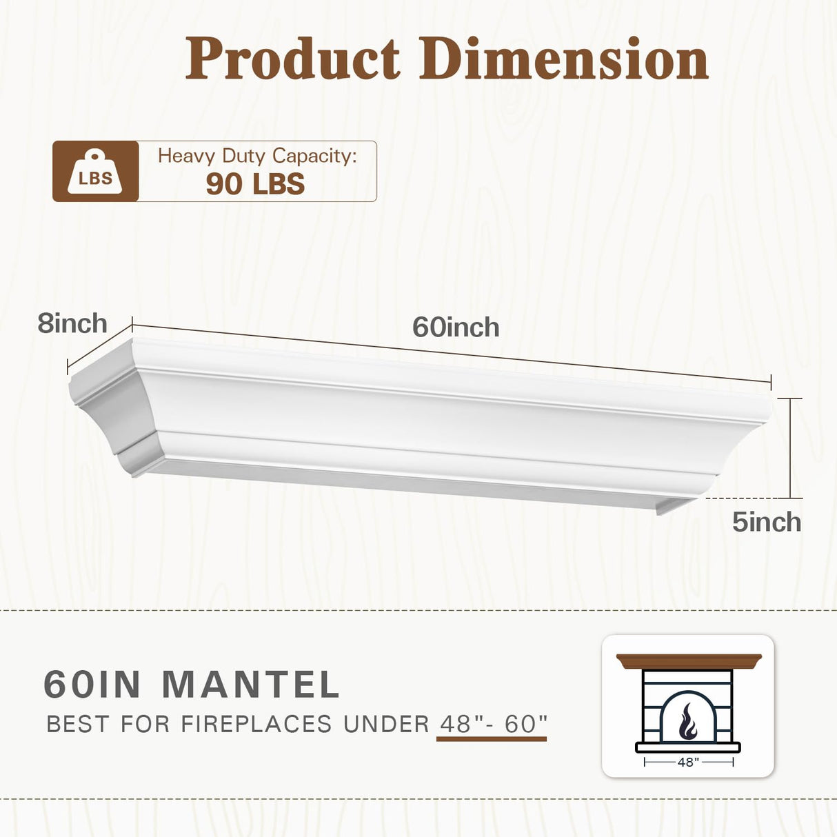 Eshoma Fireplace Mantel - 60 Inch Floating Shelf for Over Fireplace - Wood Mantel with Invisible Heavy Duty Wood Bracket - Floating Mantel Shelf for Wall, White, 60 X 8 X 6 Eshoma