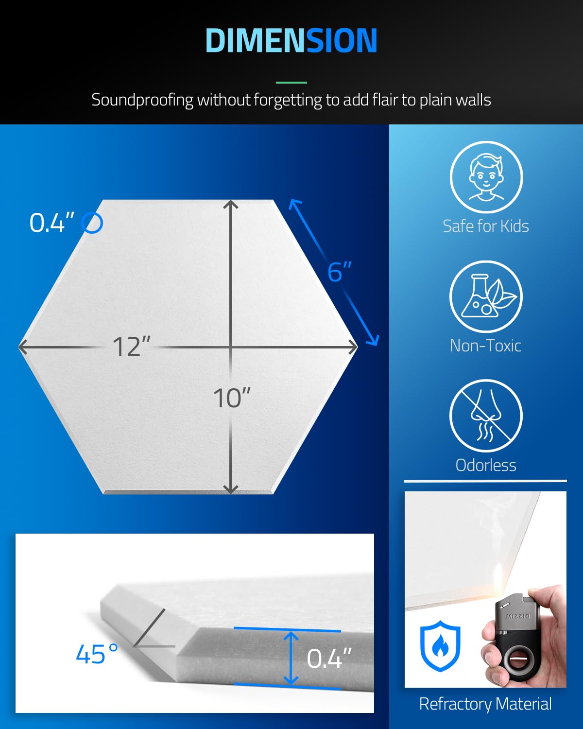 ZenSonic 12 Pack Self-adhesive Sound Proof Foam Panels for Walls 12" X 10" X 0.4" - Hexagon Acoustic Panels with Fiber Optic Starlight, Stylish Soundproof Wall Panels Absorb Noise and Wall Decor White ZenSonic