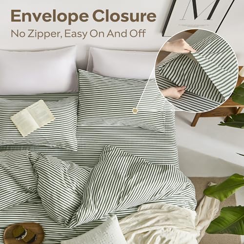 JELLYMONI 100% Natural Cotton 3pcs Striped Duvet Cover Sets,White Duvet Cover with Green Stripes Pattern Printed Comforter Cover,with Zipper Closure & Corner Ties(Full Size) JELLYMONI