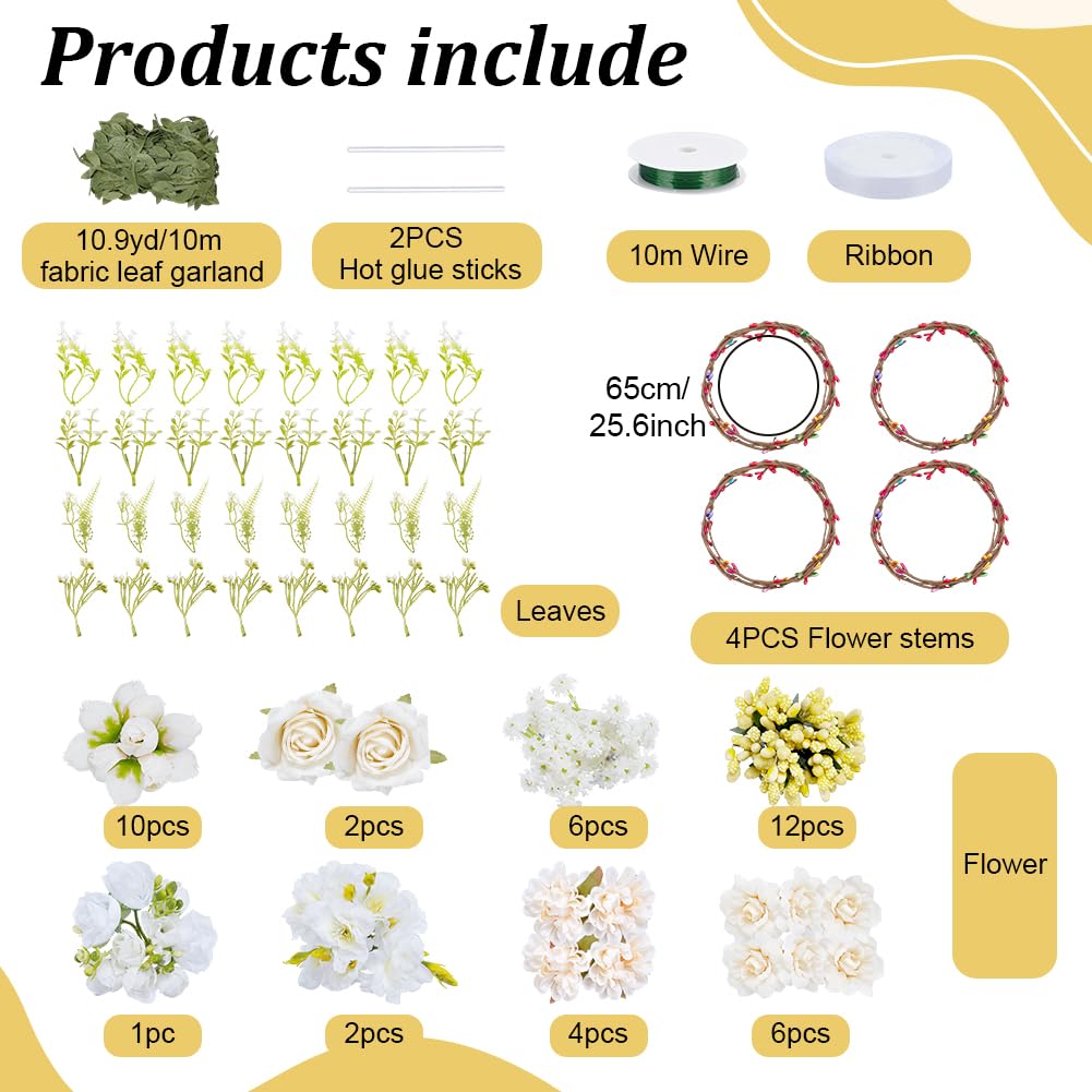 FREEBLOSS 100+pcs White Floral Crown DIY Kit Flower Crowns Making Kit DIY Floral Crown Garland Kit Wedding Hair Accessories Handmade Make Your Own Flower Wreath Crown Decorating Kit for Party FREEBLOSS