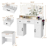 ERLEJIA Farmhouse Vanity Desk with Mirror and Lights&Stool and Power Outlet, 43.3" Large 3 LED Lights Modes Makeup Vanity Table with 7 Drawers, 2 Cabinets& Large Mirror,Bedroom Vanity Desk White ERLEJIA