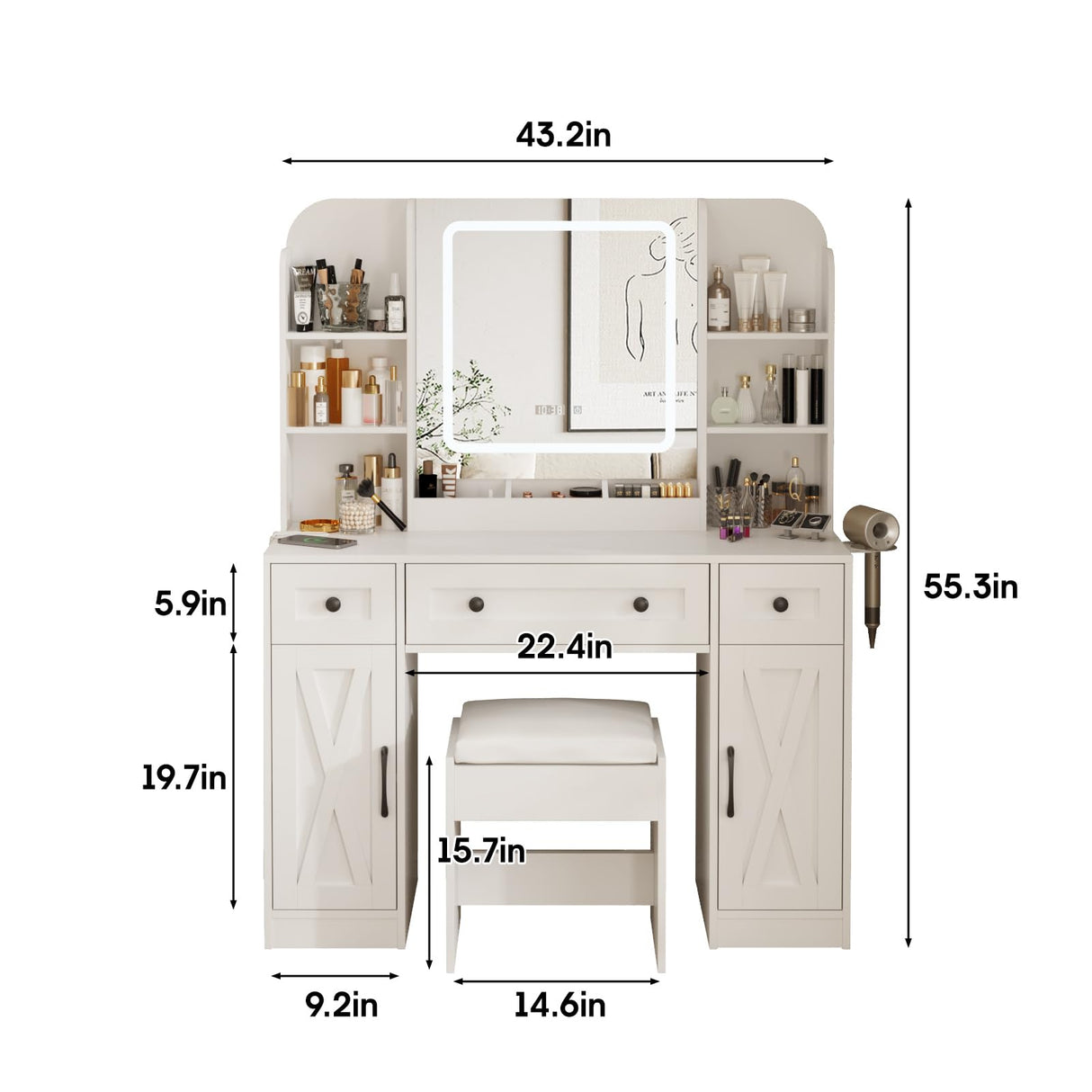 Vabches Makeup Vanity Desk, Vanity Mirror with Lights Desk and Chair, White Vanity Table with Large Storage Drawers and Shelves, Time and Temperature Display, 3 LED Lighting Modes Adjustable, White Vabches