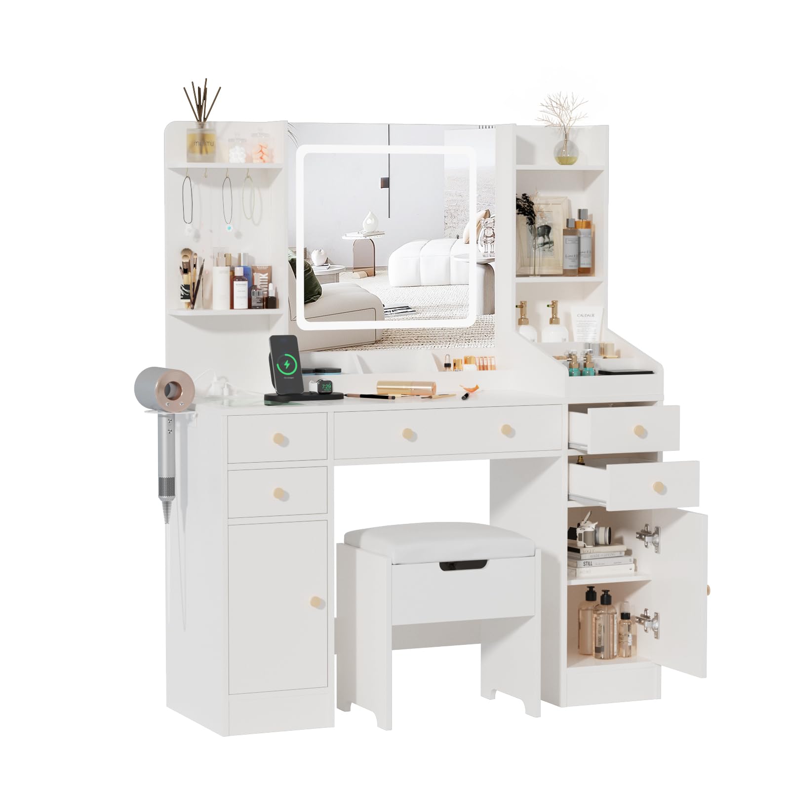 Vabches Vanity Desk with Lights, Makeup Vanity Table with Charging Station, 44.9in Big Vanity Set with 5 Drawers & Lots Storage Space, White - WoodArtSupply