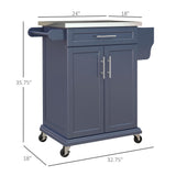 HOMCOM Kitchen Island on Wheels, Rolling Kitchen Cart with Stainless Steel Countertop, Drawer, Towel Rack and Spice Rack, Utility Storage Trolley, Deep Blue HOMCOM