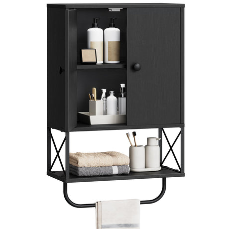 MAHANCRIS Bathroom Wall Cabinet with 2 Door and Adjustable Shelf, Farmhouse Medicine Cabinet with Towel Rack, 3-Tier Wall Mounted Storage Cabinet Over The Toilet for Bathroom Laundry Room, Black MAHANCRIS