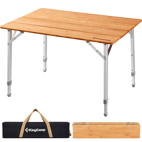 KingCamp Bamboo Folding Camping Table 4 Folds Lightweight with Adjustable Height Aluminum Legs Portable Camp Tables in Carry Bag for Indoor Outdoor Picnic Beach KingCamp