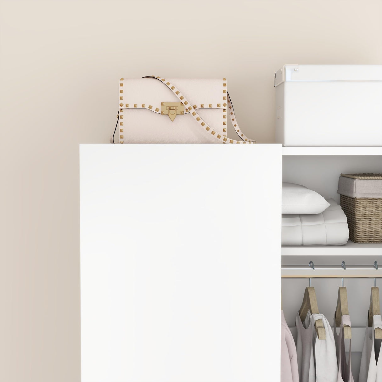 Panana 2 Door Wood Wardrobe Cabinet Closet with Hanging Rail and 2 Shelves, Bedroom Armoire for Storage (White) Panana