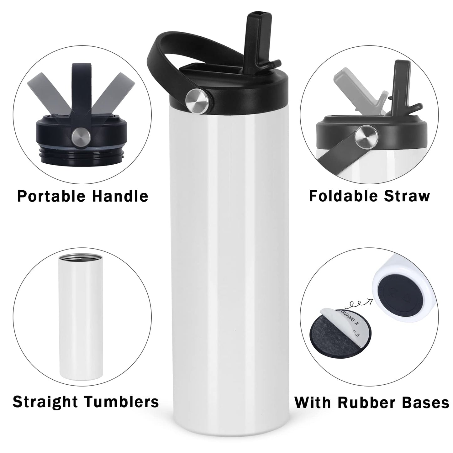 8 Pack Sublimation Tumbler Bulk 20oz Skinny Straight, Sublimation Sport Water Bottles Double Wall Stainless Steel Tumblers for Sublimation with Portable Handle, Individually Boxed