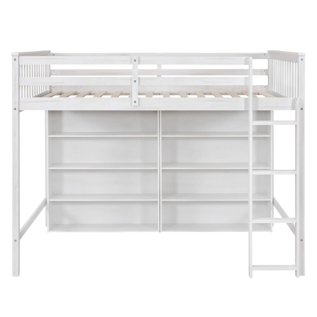 Full Loft Bed with 8 Storage Shelves, Wooden Loft Beds Frame with Bookcase, High Loft Bed with Ladder for Kids Boys Girls Teens, Antique White Bellemave