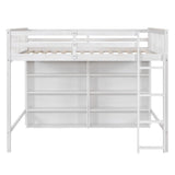 Full Loft Bed with 8 Storage Shelves, Wooden Loft Beds Frame with Bookcase, High Loft Bed with Ladder for Kids Boys Girls Teens, Antique White Bellemave